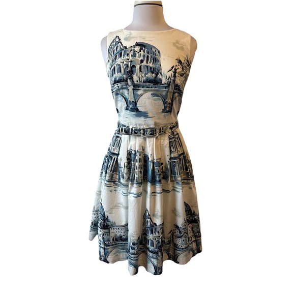 Talbots Dresses & Skirts - Talbots Painterly Scenic Rome Fit & Flare Dress 2 Pockets Belted  Brunch Artsy